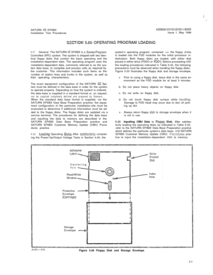 Page 21SATURN IIE EPABXA30808-X5130-B120-l-8928Installation Test ProceduresIssue 1, May 1986
5.01General. The SATURN IIE EPABX is a Stored-Program-Controlled (SPC) system. The system is shipped with two iden-
tical floppy disks that contain the basic operating and the
installation-dependent data. The operating program uses the
installation-dependent data, commonly referred to as the sys-
tem data base, to complete and process calls as required by
the customer. This information includes such items as the
number...