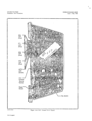 Page 26I-SATURN 
IIE EPABX
Installation Test ProceduresA30800-X5130-6120-l-8928Issue 1, May 1986
LED
LED
(Red)
ST3
LED
ACTWrLED
Connector
ServiceTerminal
‘witch
Figure 5.03 CIOP Printed Circuit Coard5-6 (6 pages) 