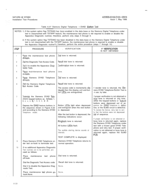 Page 46I  .SATURN 
IIE EPABXA30808-X5130-B120-I-6928Installation Test ProceduresIssue 1, May 1986
Table 6.07 Siemcns Digital Telephone 
- DVAD Dutton TestNOTES: 1) If the system option flag TSTDIAG has 
been enabled in the data base or the Siemcns Digital Telephone under
test is classmarked with TSTAPP feature, the maintenance test phone is nbt required to enable or disable the
Apparatus Diagnostic routines; therefore, perform only steps 5 through 9.
2) If the system option flag TSTDIAG has been disabled in the...