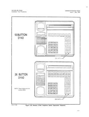 Page 47I-SATURN 
HE EPABX
Installation Test ProceduresA30808-X5130-8120-1-8928Issue 1, May 1986
IS BUTTON
DYAD
26 BUTTON
DYAD
SEE NOTENOTE: These buttons do not
contain 
LEDs.SEE NOTE 
y/  
’I
Figure 6.20 Siemens DYAD Telephone Button Depression Sequence
6-21 