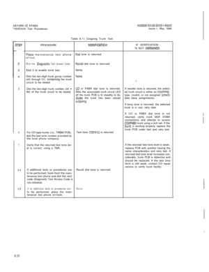 Page 52SATURN IIE EPABX‘nstallation Test Procedures
Table 6.11 Outgoing Trunk TestA30808-X5130-8120-l-8928Issue 1, May 1986
STEP
1
5
6
7
8A
8BPROCEDURE
VERlFiCATlCN
?lace maintenance test phoneoff-hook.
Dial the 
Diagnos?ic Test Access Code.Dial 2 to enable trunk test.
Dial the two-digit trunk group number
(00 through 31) 
coniaining the trunk
circuit to be tested.
Dial the two-digit trunk number (00 
-99) of the trunk circuit to be tested.
For CO-type trunks (i.e., TMBM PCB),
dial the test tone number provided...