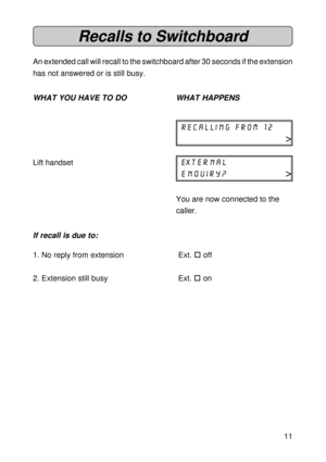 Page 1111
Recalls to Switchboard
An extended call will recall to the switchboard after 30 seconds if the extension
has not answered or is still busy.
WHAT YOU HAVE TO DO WHAT HAPPENS
RECALLing FROM 12
>
Lift handset external
enquiry?>
You are now connected to the
caller.
If recall is due to:
1. No reply from extension  Ext. o off
2. Extension still busy  Ext. o on 