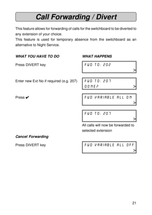 Page 2121
Call Forwarding / Divert
This feature allows for forwarding of calls for the switchboard to be diverted to
any extension of your choice.
This feature is used for temporary absence from the switchboard as an
alternative to Night Service.
WHAT YOU HAVE TO DO WHAT HAPPENS
Press DIVERT keyfwd to: 202
>
Enter new Ext No if required (e.g. 207)fwd to: 207
done?>
Press 
4 44 4
4fwd variable all on
>
fwd to: 207
>
All calls will now be forwarded to
selected extension
Cancel Forwarding
Press DIVERT keyfwd...