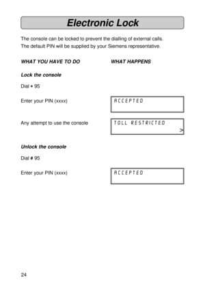 Page 2424
Electronic Lock
The console can be locked to prevent the dialling of external calls.
The default PIN will be supplied by your Siemens representative.
WHAT YOU HAVE TO DO WHAT HAPPENS
Lock the console
Dial 
* ** *
* 95
Enter your PIN (xxxx)accepted
Any attempt to use the consoletoll restricted
>
Unlock the console
Dial 
# ## #
# 95
Enter your PIN (xxxx)accepted 