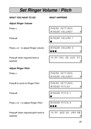 Page 2525
Set Ringer Volume / Pitch
WHAT YOU HAVE TO DO WHAT HAPPENS
Adjust Ringer Volume
Press +phone settings:
ringer volume?>
Press 
4 44 4
4ringer volume:1
n>
Press + or - to adjust Ringer volumeringer volume:3
n n n>
Press 
4  4 4  4 
4 when required level is14:34 thu. 26 jun. 97.
reached>
Adjust Ringer Pitch
Press +phone settings:
ringer volume?>
Press 
 to scroll to Ringer Pitchphone settings:
ringer pitch?>
Press 
4 44 4
4ringer pitch:1
n>
Press + or – to adjust Ringer Pitchringer pitch:3
n n n>
Press...