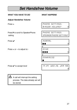 Page 2727
Set Handsfree Volume
WHAT YOU HAVE TO DO WHAT HAPPENS
Adjust Handsfree Volume
Press +phone settings:
ringer volume?>
Press 
 to scroll to SpeakerPhonephone settings:
 setting
Speaker phone setting?
Press 
4 44 4
4normal
n n>
or
Press + or – to adjust to:-echo
n n n>
or
enhanced
n>
Press 
4  4 4  4 
4 to accept level14:34  wed 26. jan 98
>
VA call will interrupt the setting
process. The data already set will
be stored. 