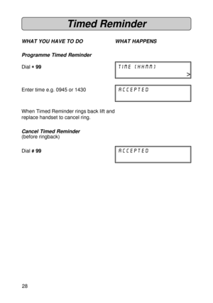 Page 2828
Timed Reminder
WHAT YOU HAVE TO DO WHAT HAPPENS
Programme Timed Reminder
Dial 
* ** *
* 99time (hhmm)
>
Enter time e.g. 0945 or 1430accepted
When Timed Reminder rings back lift and
replace handset to cancel ring.
Cancel Timed Reminder
(before ringback)
Dial 
# ## #
# 99accepted 
