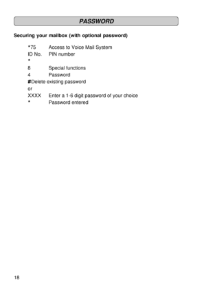 Page 1818
PASSWORD
Securing your mailbox (with optional password)
*75 Access to Voice Mail System
ID No. PIN number
*
8 Special functions
4 Password
#Delete existing password
or
XXXXEnter a 1-6 digit password of your choice
*Password entered 