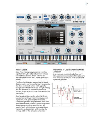 Page 159
Retune Speed 
Auto-Tune 8 also gives you control over how rapidly, in time, the pitch adjustment is made toward the scale tone. This is set with the Retune Speed control (see Chapter 3 for more details). 
Fast Speed settings are appropriate for short duration notes and for mechanical instruments, like oboe or clarinet, whose pitch typically changes almost instantly. A fast enough setting will also minimize or completely remove a vibrato, as well as produce the iconic Auto-Tune Vocal e(ect.
Slow Speed...