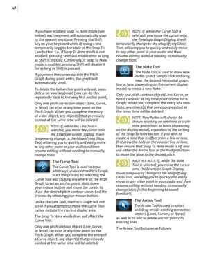 Page 5448
If you have enabled Snap To Note mode (see below), each segment will automatically snap to the nearest semitone. Pressing the Shift key on your keyboard while drawing a line temporarily toggles the state of the Snap To Line button. I.e., if Snap To Note mode is not enabled, pressing Shift will enable it for as long as Shift is pressed. Conversely, if Snap To Note mode is enabled, pressing Shift will disable it for as long as Shift is pressed.
If you move the cursor outside the Pitch Graph during point...