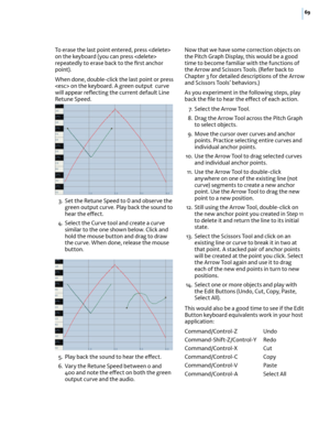 Page 7569
To erase the last point entered, press  on the keyboard (you can press  repeatedly to erase back to the ﬁrst anchor point). 
When done, double-click the last point or press  on the keyboard. A green output  curve will appear reﬂecting the current default Line Retune Speed.
 3. Set the Retune Speed to 0 and observe the green output curve. Play back the sound to hear the e(ect. 
 4. Select the Curve tool and create a curve similar to the one shown below. Click and hold the mouse button and drag to draw...