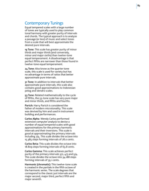Page 8983
Contemporary Tunings
Equal tempered scales with a large number of tones are typically used to play common tonal harmony with greater purity of intervals and chords. The typical approach is to analyze a passage (or less) of music and select tones from a scale that will best approximate the desired pure intervals.
19 Tone: This scale has greater purity of minor thirds and major thirds (and conversely, minor and major sixths) than twelve-tone equal temperament. A disadvantage is that perfect ﬁfths are...