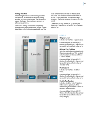 Page 2721
Timing Variation
The Timing Variation control lets you select 
the amount of random variation in timing 
applied to the doubled voice. The higher the 
value, the larger the maximum amount of 
allowable variation.
DUO Evo’s timing variation is completely 
independent of pitch variation. To get a good 
idea of the effect of timing variation, use the level controls to listen only to the doubled 
voice. set Vibrato to 0 and Pitch Variation to 
10. Set Timing Variation to maximum and 
process a rhythmic...
