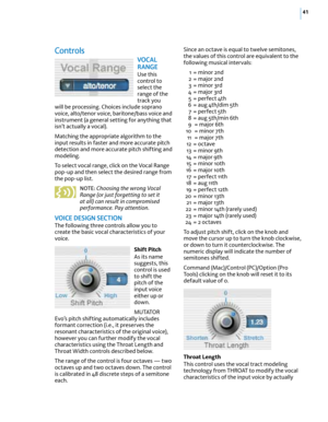 Page 4741
controls
VOC AL  
R AnG e
Use this 
control to 
select the 
range of the 
track you 
will be processing. Choices include soprano 
voice, alto/tenor voice, baritone/bass voice and 
instrument (a general setting for anything that 
isn’t actually a vocal).
Matching the appropriate algorithm to the 
input results in faster and more accurate pitch 
detection and more accurate pitch shifting and 
modeling.
To select vocal range, click on the Vocal Range 
pop-up and then select the desired range from 
the...