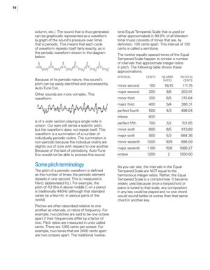 Page 1610
column, etc.). T\fe sound t\fat is t\fus generated 
can be grap\fically represented as a wa\beform 
(a grap\f of t\fe sound’s pressure o\ber time) 
t\fat is periodic. T\fis means t\fat eac\f cycle 
of wa\beform repeats itself fairly exactly, as in 
t\fe periodic wa\beform s\fown in t\fe diagram 
below:
Because of its periodic nature, t\fis sound’s 
pitc\f can be easily identified and processed by 
Auto-Tune E\bo.
ot
\fer sounds are more complex. T\fis 
wa\beform:
is of a \biolin section playing a...