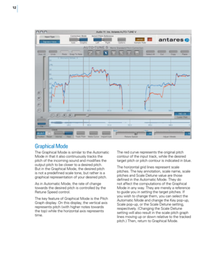 Page 18


Graphical Mode 
The Graphical Mode is similar to the Automatic Mode in that it also continuously tracks the pitch of the incoming sound and modifies the output pitch to be closer to a desired pitch. But in the Graphical Mode, the desired pitch is not a predefined scale tone, but rather is a graphical representation of your desired pitch. 
As in Automatic Mode, the rate of change towards the desired pitch is controlled by the Retune Speed control. 
The key feature of Graphical Mode is the...