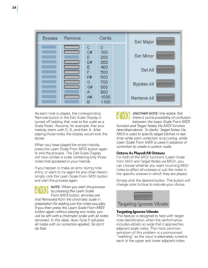 Page 30


As each note is played, the corresponding Remove button in the Edit Scale Display is turned off (adding that note to the scale as a Scale Note). Assume, for example, that your melody starts with D, B, and then A. After playing those notes the display would look the above. 
When you have played the entire melody, press the Learn Scale From MIDI button again to end the process. The Edit Scale Display will now contain a scale containing only those 
notes that appeared in your melody. 
If you...