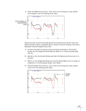 Page 6557
PITCH DRAWN TO
NEIGHBORING
TONE
8. Click the Make Auto button. Auto-Tune 4 will compute a new yellow
curve object from the existing pitch data:
Assuming that this entire phrase should be centered around E3, there are
several problem spots, indicated above, where the pitch is being incorrectly
adjusted towards neighboring tones.
9. To hear the pitch corrections that would be produced in Automatic
Mode, set the Graphical Mode Retune Slider to 0, (fast) and play back
the file.
10. Switch to the Automatic...