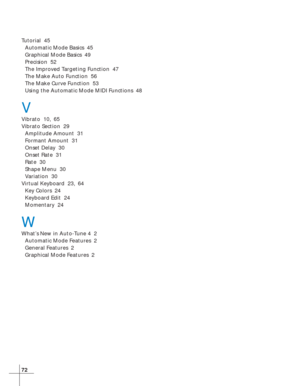 Page 7872
Tutorial  45
Automatic Mode Basics  45
Graphical Mode Basics  49
Precision  52
The Improved Targeting Function  47
The Make Auto Function  56
The Make Curve Function  53
Using the Automatic Mode MIDI Functions  48
V
Vibrato  10, 65
Vibrato Section  29
Amplitude Amount  31
Formant Amount  31
Onset Delay  30
Onset Rate  31
Rate  30
Shape Menu  30
Variation  30
Virtual Keyboard  23, 64
Key Colors  24
Keyboard Edit  24
Momentary  24
W
What’s New in Auto-Tune 4  2
Automatic Mode Features  2
General...