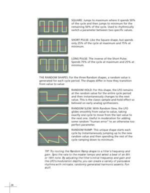 Page 3628
SQUARE: Jumps to maximum where it spends 50%
of the cycle and then jumps to minimum for the
remaining 50% of the cycle. Used to rhythmically
switch a parameter between two specific values.
SHORT PULSE: Like the Square shape, but spends
only 25% of the cycle at maximum and 75% at
minimum.
LONG PULSE: The inverse of the Short Pulse.
Spends 75% of the cycle at maximum and 25% at
minimum.
THE RANDOM SHAPES: For the three Random shapes, a random value is
generated for each cycle period. The shapes differ...