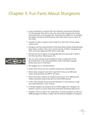 Page 5547
Chapter 5: Fun Facts About Sturgeons
•Long considered a nuisance fish and hated by commercial fishermen
for the damage they did to nets, the once lowly sturgeon has finally
achieved status as a top game fish. Prized by the angler for its strength
and speed, gourmets and backyard chefs alike have come to savor its
firm flesh.
•Instead of scales, sturgeon have tough skin and rows of bony plates
called scutes.
•Sturgeons are the most primitive of the bony fishes (family Acipenseridae)
alive today, modern...