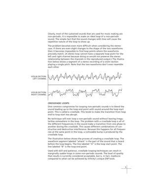 Page 155
Clearly, most of the sustained sounds that are used for music making are
non-periodic. It is impossible to make an ideal loop of a non-periodic
sound. The simple fact that the sound changes with time will cause the
repetitive nature of the loop to show up.
The problem becomes even more difficult when considering the stereo
case. If there are even slight changes to the shape of the two waveforms
then it becomes impossible to find loop points where the waveforms
precisely match. (A stereo loop cannot...