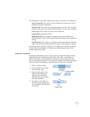 Page 4131
The dialog gives information about what data is currently in the Clipboard.
Source Sound File: The name of the soundfile from where the current
Clipboard contents originated.
Selection Size: The size of the selected region in terms of the currently
selected units used in the Horizontal Annotation. (in this case, samples)
Track Count: The number of tracks in the Clipboard.
Sample Rate: Expressed in Hertz
Begin Blend Size: The number of samples (or duration) before the
selected region which will be used...