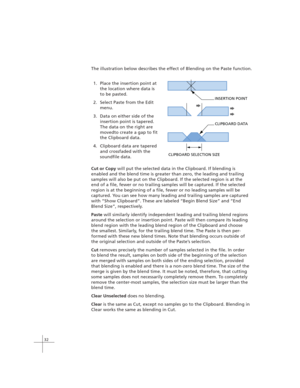 Page 4232
The illustration below describes the effect of Blending on the Paste function.
1. Place the insertion point at
the location where data is
to be pasted.
2. Select Paste from the Edit
menu.
3. Data on either side of the
insertion point is tapered.
The data on the right are
movedto create a gap to fit
the Clipboard data.
4. Clipboard data are tapered
and crossfaded with the
soundfile data.
INSERTION POINT
CLIPBOARD SELECTION SIZE
CLIPBOARD DATA
Cut or Copy will put the selected data in the Clipboard. If...