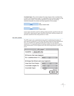 Page 6151
Crossfade Taper: This control adjusts the taper shape of the crossfade that
is used in the attack/loop merge. It is adjustable from 0 (linear taper) to 100
(equal power taper). It should be adjusted to provide the smoothest
transition between the attack and loop segments of the sample.
100 
EQUAL POWER TAPER
0 
LINEAR TAPER
Linear taper should be used for editing simple periodic waveforms like solo
instruments. Equal power taper should be used when editing complex non-
periodic waveforms like string...