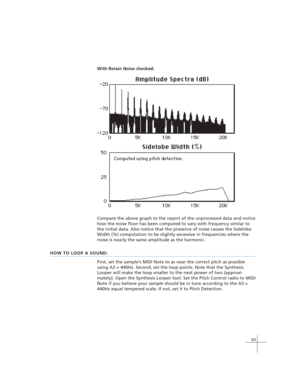 Page 7565
With Retain Noise checked:
Compare the above graph to the report of the unprocessed data and notice
how the noise floor has been computed to vary with frequency similar to
the initial data. Also notice that the presence of noise causes the Sidelobe
Width (%) computation to be slightly excessive in frequencies where the
noise is nearly the same amplitude as the harmonic.
HOW TO LOOP A SOUND:
First, set the sample’s MIDI Note to as near the correct pitch as possible
using A3 = 440Hz. Second, set the...