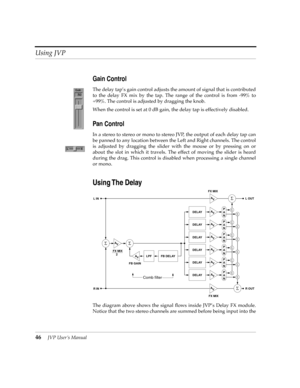 Page 46Using JVP
46JVP UserÕs Manual
Gain Control
The delay tapÕs gain control adjusts the amount of signal that is contributed
to the delay FX mix by the tap. The range of the control is from -99% to
+99%. The control is adjusted by dragging the knob.
When the control is set at 0 dB gain, the delay tap is effectively disabled. 
Pan Control
In a stereo to stereo or mono to stereo JVP, the output of each delay tap can
be panned to any location between the Left and Right channels. The control
is adjusted by...