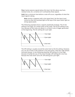 Page 3123
Floor: kantos ignores signals below this level. Set this above any hum,
residual noise, etc. so kantos isn’t confused by these signals.
Hold: Sets a minimum time before a note off occurs, regardless of what the
input signal is doing.
Note: kantos is happiest with a hot signal level. Set the Input Level
control so that the overload light at the top of the input meter light on
strong signal peaks.
The following example shows a signal’s amplitude envelope. The (1) On
setting is too high, as it misses...