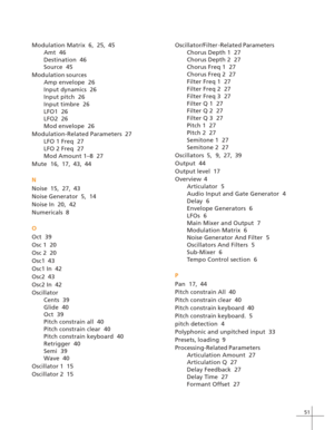 Page 5951
Modulation Matrix  6, 25, 45
Amt  46
Destination  46
Source  45
Modulation sources
Amp envelope  26
Input dynamics  26
Input pitch  26
Input timbre  26
LFO1  26
LFO2  26
Mod envelope  26
Modulation-Related Parameters  27
LFO 1 Freq  27
LFO 2 Freq  27
Mod Amount 1–8  27
Mute  16, 17, 43, 44
N
Noise  15, 27, 43
Noise Generator  5, 14
Noise In  20, 42
Numericals  8
O
Oct  39
Osc 1  20
Osc 2  20
Osc1  43
Osc1 In  42
Osc2  43
Osc2 In  42
Oscillator
Cents  39
Glide  40
Oct  39
Pitch constrain all  40
Pitch...