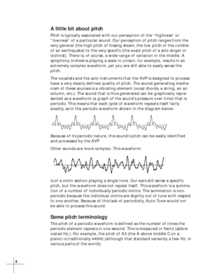 Page 104
A little bit about pitch
Pitch is typically associated with our perception of the “highness” or
“lowness” of a particular sound. Our perception of pitch ranges from the
very general (the high pitch of hissing steam, the low pitch of the rumble
of an earthquake) to the very specific (the exact pitch of a solo singer or
violinist). There is, of course, a wide range of variation in the middle. A
symphony orchestra playing a scale in unison, for example, results in an
extremely complex waveform, yet you...