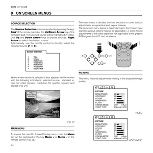 Page 1614
20
9   ON SCREEN MENUS
The main menu is divided into four sections to cover various
adjustments in a practical and logical manner.
The on-screen menu layout is dependant upon the chosen input
signal so various options may not be applicable, i.e. some typical
adjustments to the video signal are not applicable to the graphic
RGB signals from PC and viceversa.
PICTURE
This menu features adjustments relating to the projected image
quality.
BRIGHTNESS
CONTRAST
COLOR
SHARPNESSFILTER20
50
50
7
6
CINEMA...