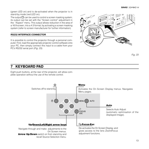 Page 1513
7   KEYBOARD PAD
Up/Down/Left/Right arrow keys
Navigate through and make  adjustments to the
On Screen menus.
Arrow Up/Down switch on from stand-by and
recall Source Selection menu.
Switches off to stand-by.Menu
Activates the On Screen Display menus. Navigates
Menu pages.
-Focus-Esc
De-activates the On Screen Display  and
gives access to the lens Zoom/Focus
adjustment functions.Auto
Selects Auto Adjust
(automatic optimisation of the
displayed image). Eight push buttons, at the rear of the projector,...