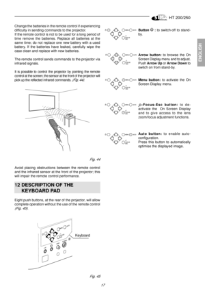 Page 15HT 200/250
17
ENGLISH
Button  : to switch-off to stand-
by.
Arrow button: to browse the On
Screen Display menu and to adjust.
Push Arrow Up or Arrow Down to
switch on from stand-by.
Menu button: to activate the On
Screen Display menu.
-Focus-Esc button: to de-
activate the  On Screen Display
and to give access to the lens
zoom/focus adjustment functions.
Auto button: to enable auto-
configuration.
Press this button to automatically
optimise the displayed image.
Change the batteries in the remote control...