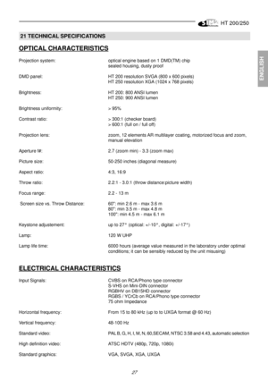 Page 25HT 200/250
27
ENGLISH
 21 TECHNICAL SPECIFICATIONS
OPTICAL CHARACTERISTICS
Projection system: optical engine based on 1 DMD(TM) chip
sealed housing, dusty proof
DMD panel: HT 200 resolution SVGA (800 x 600 pixels)
HT 250 resolution XGA (1024 x 768 pixels)
Brightness: HT 200: 800 ANSI lumen
HT 250: 900 ANSI lumen
Brightness uniformity: > 95%
Contrast ratio: > 300:1 (checker board)
> 600:1 (full on / full off)
Projection lens: zoom, 12 elements AR multilayer coating, motorized focus and zoom,
manual...