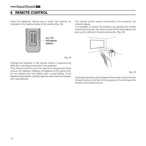 Page 1614
8   REMOTE CONTROL
Insert the batteries, taking care to match the polarity, as
indicated in the battery recess of the remote 
(Fig. 24).
                 
+
- +
- + -
+ -
four 1.5V
AAA alkaline
batteries
Fig. 24
Change the batteries in the remote control if experiencing
difficulty in sending commands to the projector.
If the remote control is not to be used for a long period of time
remove the batteries. Replace all batteries at the same time;
do not replace one new battery with a used battery. If...