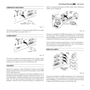 Page 1311
100 Hz. Computer Resolutions of VGA, SVGA, XGA, SXGA and
UXGA can be displayed.
C-SYNC
DVI
Fig. 19
This input is suitable for a RGB video signal, or for a Component
(YCrCb) type, with composite synchronisation on the green
signal (RGsB) or on the luminance (Y) signal (YsCrCb) through
a cable with RCA/Phono type connector 
(Fig. 20).
Only horizontal scanning frequencies of 15 kHz (standard vi-
deo resolution) or 32 kHz (high definition video, with progressi-
ve scanning) can be applied to this input....