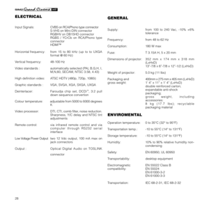 Page 3028
ELECTRICAL
Input Signals:CVBS on RCA/Phono type connector
S-VHS on Mini-DIN connector
RGBHV on DB15HD connector
RGBS / YCrCb on RCA/Phono type
connector
HDMI™
Horizontal frequency: from 15 to 80 kHz (up to to UXGA
format @ 60 Hz)
Vertical frequency: 48-100 Hz
Video standards : automatically selected (PAL B,G,H, I,
M,N,60, SECAM, NTSC 3.58, 4.43)
High definition video: ATSC HDTV (480p, 720p, 1080i)
Graphic standards : VGA, SVGA, XGA, SXGA, UXGA
Deinterlacer: Faroudja chip set, DCDi
™, 3:2 pull
down...