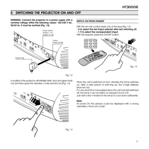 Page 1111
ht3000e
5   SwiTChiNg ThE PROJECTOR ON AND Off
wARNiNg: Connect the projector to a power supply with a 
nominal voltage within the following values: 100-240 V AC, 
50/60 hz. it must be earthed (f ig. 12).
GRAPHICS RGBHV
S-VIDEO
AUDIO OUT
HDMI 1
REMOTE2 S-VIDEO
MENUESC
INPUT1 
5 
4 
0 
I 
Power Switch:
Position I: On
Position 0: Off
Fused
Power Socket
     
Power Plug
 
Fig. 12
In position  i the projector will initialise itself  (red and green leds 
on) and then goes into standby mode (red led on)...