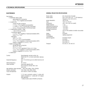 Page 27
27
ht3000

ELECTRONICS
Input signals: 
 • COMPOSITE VIDEO (CVBS)
           gold plated RCA connectors 
           1,0 V
pp / 75 Ω, negative synchronisation
  • 1 S-VIDEO (Y/C)
                4-pole mini-DIN connector
           Y: 1.0 V
pp / 75 Ω, negative synchronisation 
      C: 0.286 Vpp / 75 Ω, [ nominal NTSC burst level] 
      0.3 Vpp / 75 Ω [nominal PAL, SECAM burst level]
  • 1 COMPONENTS (Y/Pr/Pb/) - RGBS  
      1 set of 4 RCA connectors
         - Component signals  
              Y: 1.0...