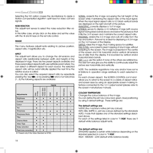 Page 1818
NORMAL:  projects  the  image  occupying  the  full  height  of  the 
screen  while  maintaining  the  aspect  ratio  of  the  input  signal. 
When the input signal aspect ratio is 4:3 black vertical bands 
are displayed on the right and left of the picture.
ANAMORPHIC: correctly displays a 16:9 image.
LETTERBO x: serves to display a 4:3 letterbox image (with source 
signal having black bands above and below the picture) so that 
it fills the 16:9 screen and maintains the correct aspect ratio....