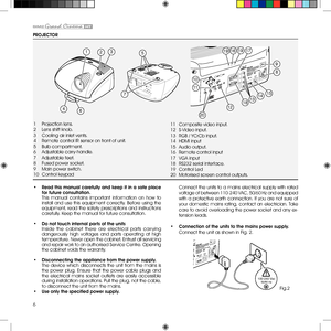 Page 66
•  Read this manual carefully and keep it in a safe place for future consultation. This  manual  contains  important  information  on  how  to install  and  use  this  equipment  correctly.  Before  using  the equipment, read the safety prescriptions and instructions carefully. Keep the manual for future consultation.
•  Do not touch internal parts of the units Inside  the  cabinet  there  are  electrical  parts  carr ying dangerously  high  voltages  and  parts  operating  at  high temperature. Never...