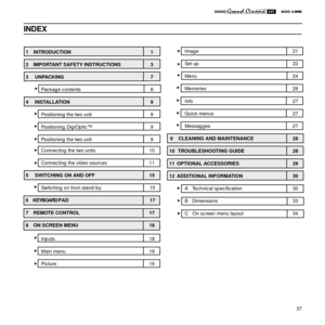 Page 3937
INDEX
1    INTRODUCTION                                                           1 
2    IMPORTANT SAFETY INSTRUCTIONS                       3
3     UNPACKING                                                                7
            Package contents                                                    8
4     INSTALLATION                                                            9
            Positioning the two unit                                            9
            Positioning DigiOptic™...