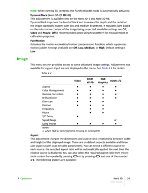 Page 26Note:  When viewing 3D contents, the PureMotion3D mode is automatically activated.
DynamicBlack (Nero 3D - 2/ 3D HB)
This adjustement is available only on the Nero 3D - 2 and Nero 3D HB.
DynamicBlack improves the level of black and increases the depth and the detail of  
the image especially in parts with low and medium brightness. It regulates light based  
on the informative content of the image being projected. Available settings are  Off ,  
Video  and  Movie .  Off  is recommended when using test...