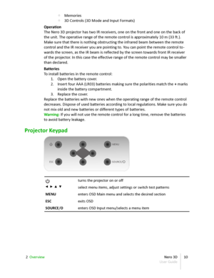 Page 10◦ Memories
◦ 3D Controls (3D Mode and Input Formats)
Operation
The  Nero 3D  projector has two IR receivers, one on the front and one on the back of  
the unit. The operative range of the remote control is approximately 10 m (33 ft.).  
Make sure that there is nothing obstructing the infrared beam between the remote  
control and the IR receiver you are pointing to. You can point the remote control to -
wards the screen, as the IR beam is reflected by the screen towards front IR receiver  
of the...
