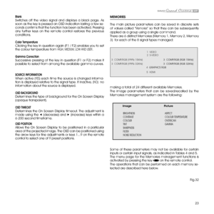 Page 2323
making a total of 24 different available Memories.
The  image  parameters  that  can  be  saved/recalled  by  the 
Memories management system are the following:
               image                     Picture
                    BRIGHTNESS                             ASPECT
                    CONTRAST                             COLOUR TEMPERATURE
                    COLOUR                             OVERSCAN 
                    TINT                             GAMMA 
                    SHARPNESS...