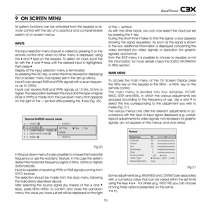 Page 15
15

INPUTS
The input selection menu (Inputs) is called by pressing 0 on the 
remote control and, when no other menu is displayed, using 
the ▲ and ▼ keys on the keypad. To select an input, scroll the 
list with the ▲ and ▼ keys until the desired input is highlighted, 
then press ▶.
Display of the input selection menu is terminated 
by pressing the ESc key, or when the time allowed for displaying 
the on-screen menu has lapsed (set in the Set-up Menu).
Input 5 can accept RGB and YPrPb signals with a scan...